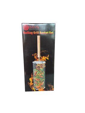 Set of 2 Rolling Grill Basket Set - Stainless Steel Rotating BBQ Basket Handle